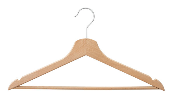 Wooden clothes hanger isolated on transparent PNG background, garment storage and closet organization. Stylish wood coat hanger - isolated design element.