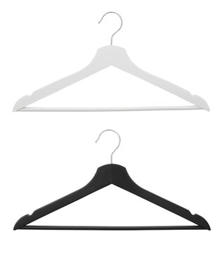 White and black clothes hanger isolated on transparent PNG background, garment storage and closet organization. Stylish coat hangers - isolated design element.