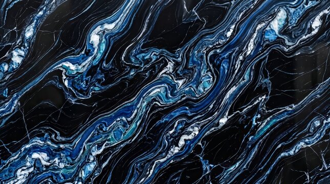 Abstract blue and black marble texture with swirling patterns
