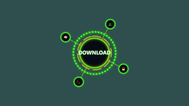 digital download button with futuristic hud interface and glowing icons on dark blue