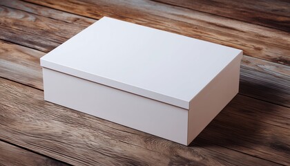 Fototapeta premium Wooden Table With White Box Mock-Up - Minimalistic And Modern Design Featuring A White Box On A Wooden Surface. Perfect For Presenting Designs.