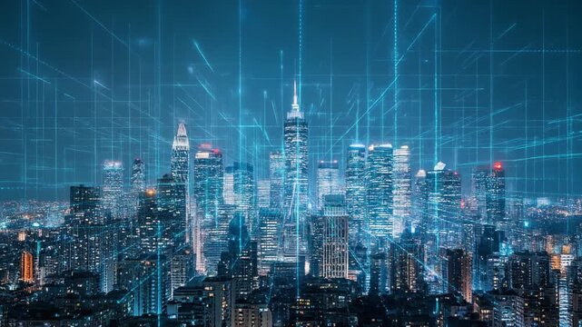 Futuristic cityscape at night, with towering skyscrapers intertwined by glowing blue digital data networks, symbolizing global connectivity and advanced urban technology