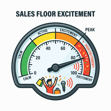 A vibrant meter titled 'Sales Floor Excitement' shows the needle in the 'High Excitement' red zone, with an illustration of a cheering person, shopping bag, confetti, and a microphone.