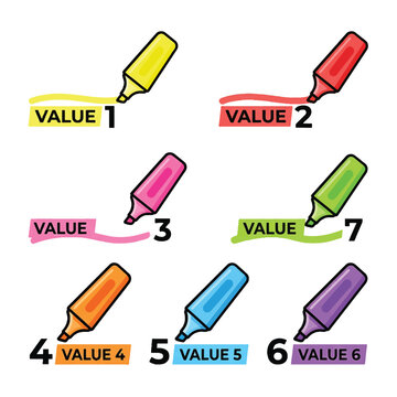 Six colorful highlighters (yellow, red, pink, orange, blue, purple) mark VALUE strings, demonstrating color options for emphasizing information or data.