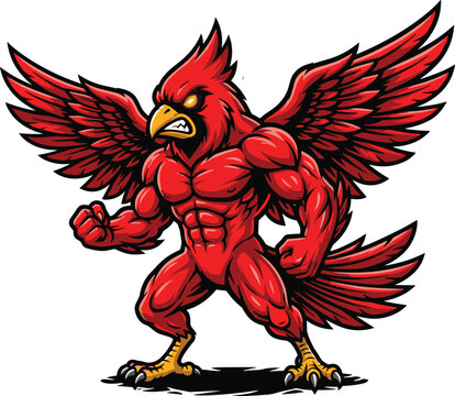 Muscular Red Cardinal Mascot Vector Illustration with Angry Face and Powerful Outspread Wings for Sports