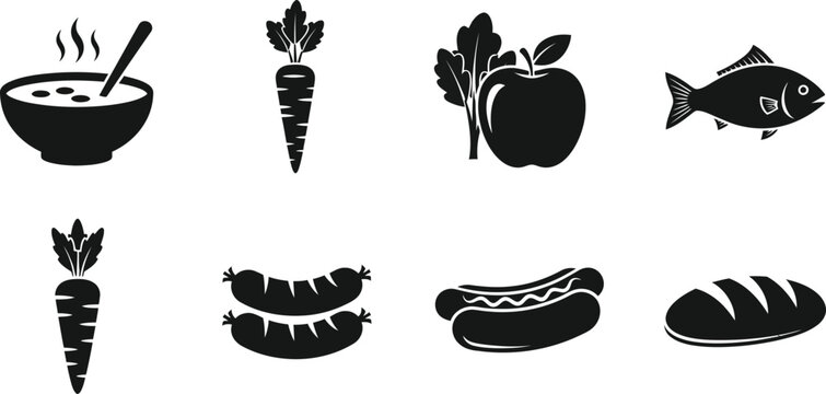 Black and white food including bowl of soup, carrot, apple, fish, sausages, and bread food black and white