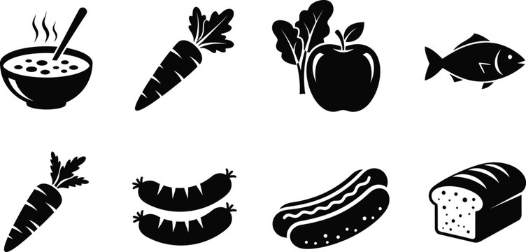 Black and white food including soup, vegetables, fruits, fish, sausages, and bread food black and white