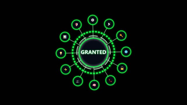 Access granted digital interface with glowing green hud icons on a black background.