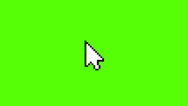 Pixel cursor arrow animation with seamless looping on green screen background. Retro digital pointer motion ideal for UI, tutorials, overlays, and screen mockups