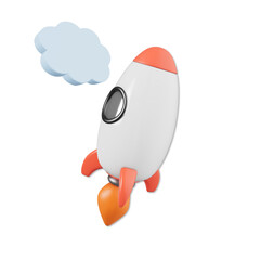 Fototapeta premium A 3D rendered illustration of a white and orange rocket ship blasting off into the sky with a small cloud