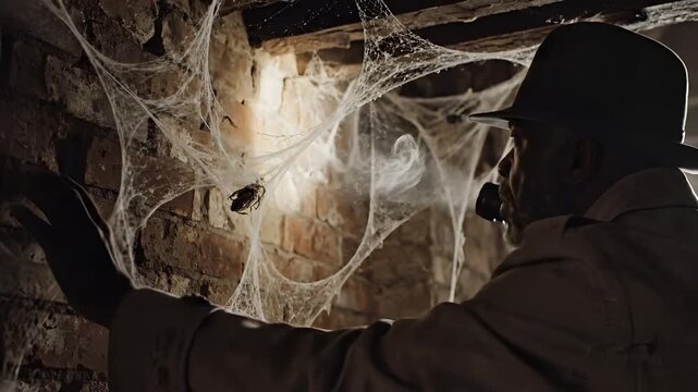 Two Men Explore Dusty Attic Filled With Large Spiderwebs.