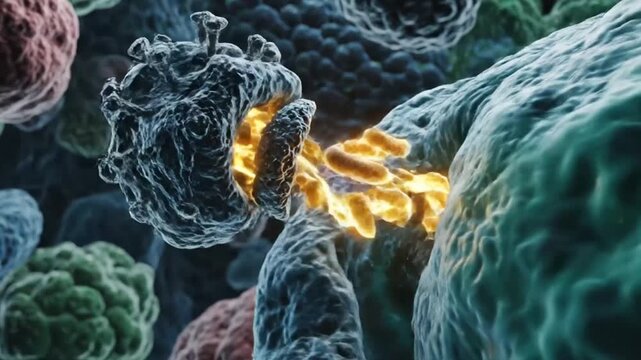 Coronavirus infection process detailed animation depicts how virus attacks cell and releases harmful bacteria inside the host cell
