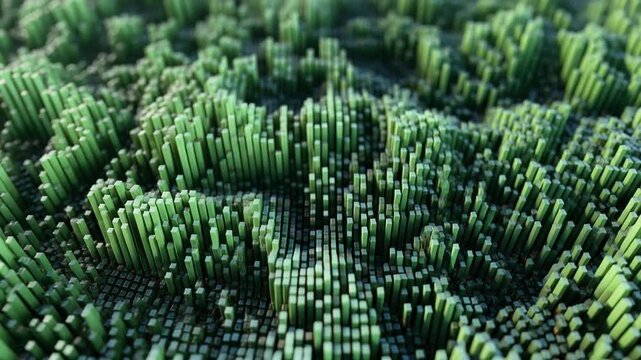 Abstract digital landscape of green geometric pillars creating a textured, undulating terrain, symbolizing data visualization or complex organic growth concept