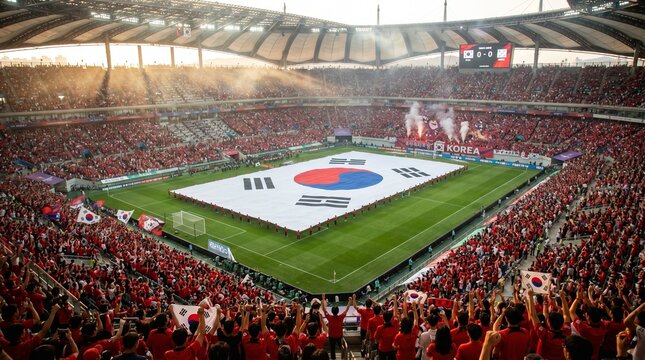 South korean national football team supporters cheering with a giant flag at seoul world cup stadium during a match
