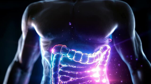 Digital art shows human torso with glowing intestines. This artwork combines science and creativity in a colorful display at an unknown setting