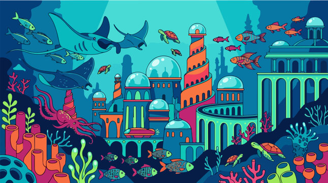 Futuristic underwater city vector illustration, mythical Atlantis civilization with glass domes, deep sea marine life and coral reef background