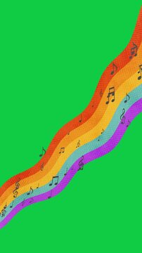 retro music notes on rainbow halftone paper texture green screen animation,chroma key retro party musical nightclub party vertical isolated social media motion design element