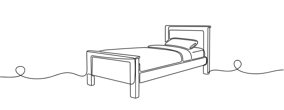 Single bed with pillow and blanket shown in minimal bedroom outline. no editable strokes