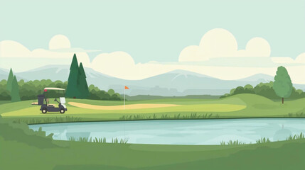 flat vector Beautiful golf courses lake and golf cart © Pemuda