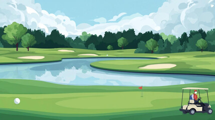 flat vector Beautiful golf courses lake and golf cart © Pemuda