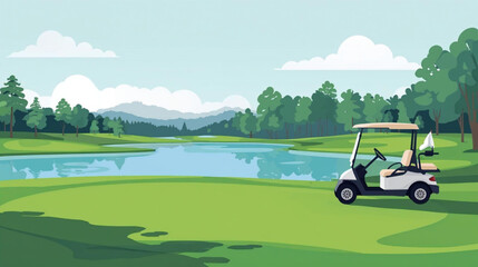 flat vector Beautiful golf courses lake and golf cart © Pemuda