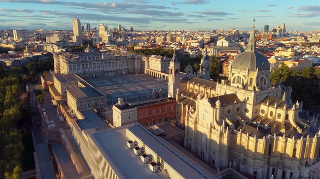 Aerial view of Royal Palace. Madrid. Spain. Medieval Buildings Landscape. Santa Maria Cathedral.