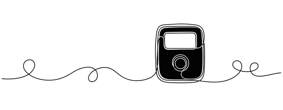Music player connected by cable resting on white background. no editable strokes