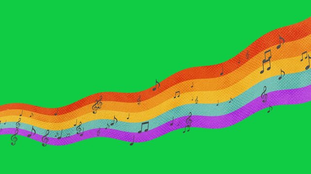 retro music notes on rainbow halftone paper texture green screen animation,chroma key retro party musical nightclub party isolated social media motion design element