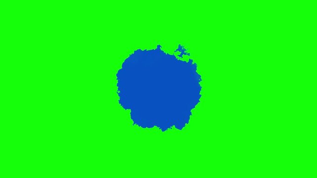 Expanding circular colored stain, digital animation of an irregular concentric shape, on a white background and green chroma key for transparency, 4K footage.