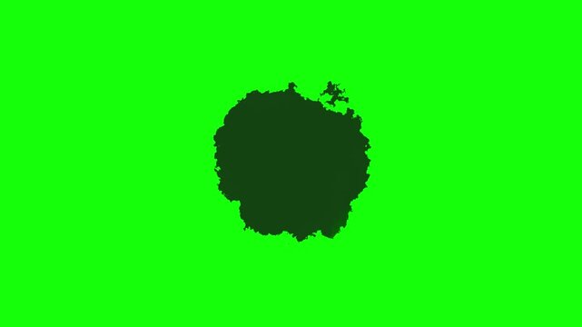 Expanding circular colored stain, digital animation of an irregular concentric shape, on a white background and green chroma key for transparency, 4K footage.