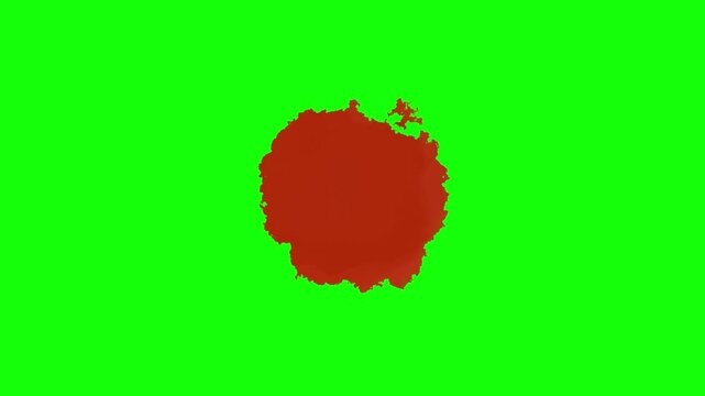 Expanding circular colored stain, digital animation of an irregular concentric shape, on a white background and green chroma key for transparency, 4K footage.