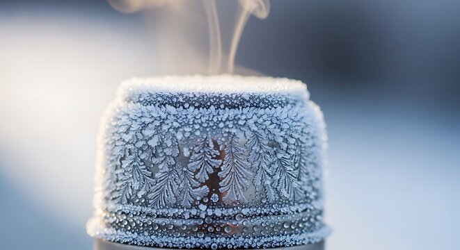 thermos flask covered in intricate frost patterns, with steam gently rising from its opening, highlighting the contrast between cold and warmth.