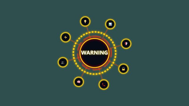 Digital warning interface with glowing icons and futuristic hud on a dark background.