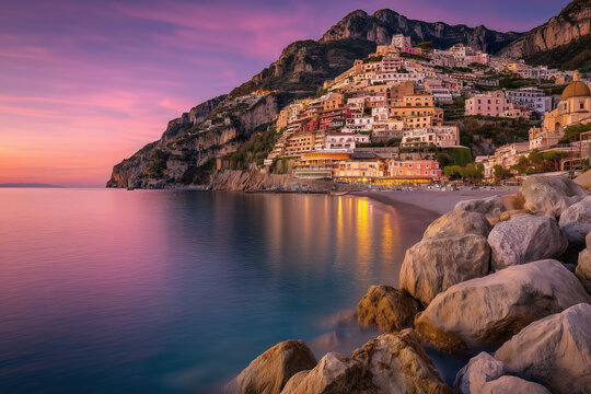Mediterranean Sunset Above Colorful Houses In Amalfi Coast