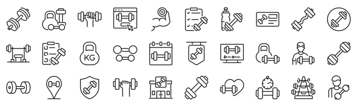 Set of 30 outline icons related to dumbbell. Linear icon collection. Editable stroke. Vector illustration