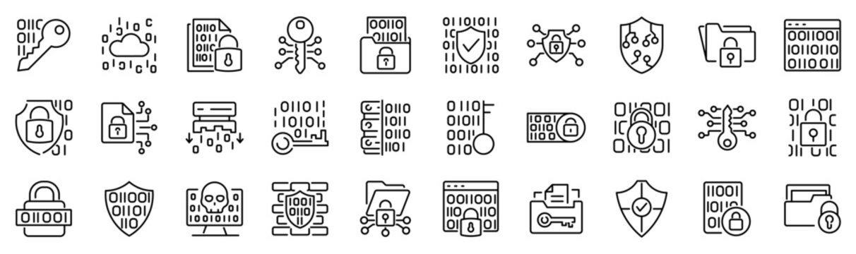 Set of 30 outline icons related to encryption. Linear icon collection. Editable stroke. Vector illustration