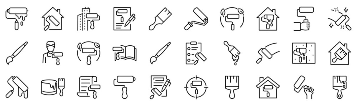 Set of 30 outline icons related to paint roller. Linear icon collection. Editable stroke. Vector illustration