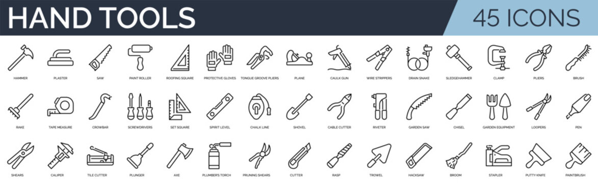 Set of 45 outline icons related to hand tools. Linear icon collection. Editable stroke. Vector illustration
