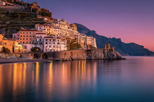 Amalfi, beautiful Italian Coastal Town At Sunset Long Exposure