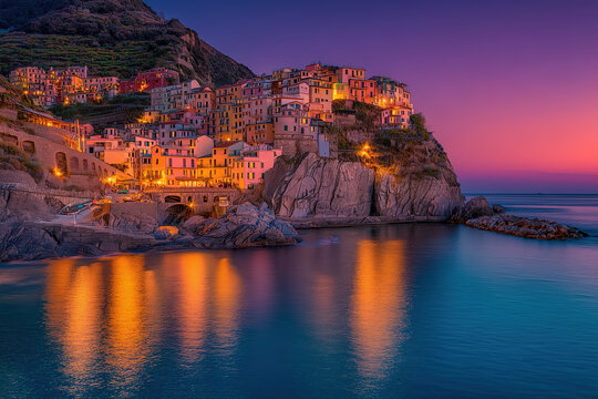 Dramatic sunset glow on Cinque Terre coastal village, Manarola