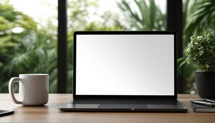 Fototapeta premium Blank Screen Laptop Mockup Placed On A Desk In An Office Room. The Modern Setting Creates A Professional Atmosphere For Business Professionals.