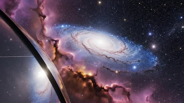 Epic spiral galaxy view from a spaceship window with colorful nebulae and bright stars in the cosmic void