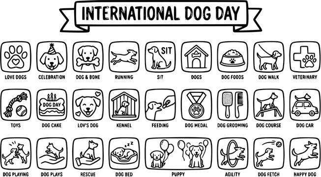 International Dog Day Vector Icons: Love, Celebration, Dog  Bone, Running, Sit, Dogs, Food, Walk, Vet