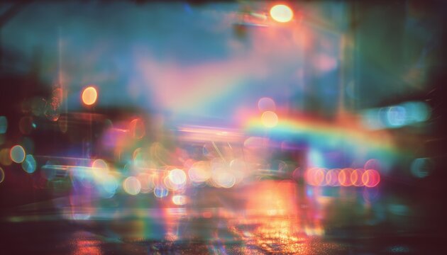 Dusted Holographic Retro Film Photography Effect With Multicolored Vintage Background And Blurred City Lights. Rainbow Light Leaks And Bokeh.