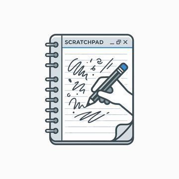A hand holds a pencil, scribbling on a spiral-bound scratchpad notebook, designed to look like a digital window. It represents note-taking or brainstorming.