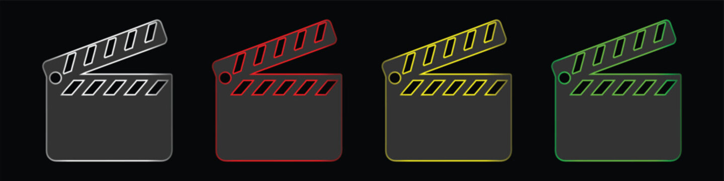 Four movie clapperboard icons with different colored outlines on a solid black background