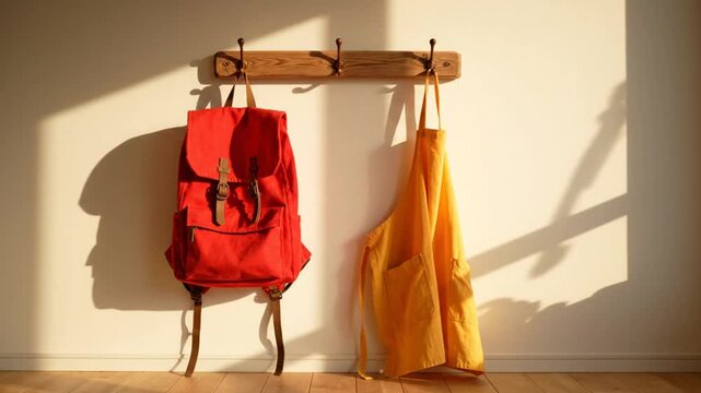 Red backpack and yellow apron hanging on a wooden wall rack in a sunlit room creating a warm, cozy atmosphere