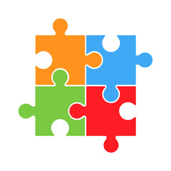 Fototapeta premium Colorful icon of four connected puzzle pieces in orange, blue, green, and red colors. Symbol of diversity, team collaboration, creative problem solving, and unity. Vector illustration.