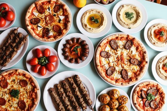 Assortment of Turkish food including pizzas, kebabs, and hummus. Many dishes served on wooden table for meal. Variety of tasty mezes and meat are ready for guests.
