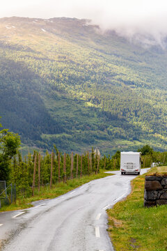 Scenic fjord journey camper vehicle driving along wet mountain road through orchard fields near Hardangerfjord in Lofthus Norway showing slow Nordic travel for road trip and tourism content